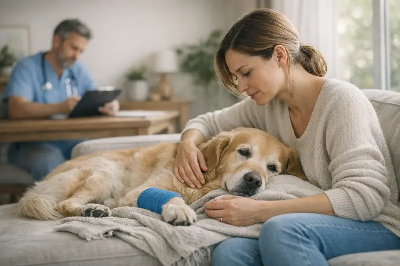 Vorerkrankungen bei der Hunderversicherung Ein Hund mit einem Tierarzt, der über Vorerkrankungen spricht.