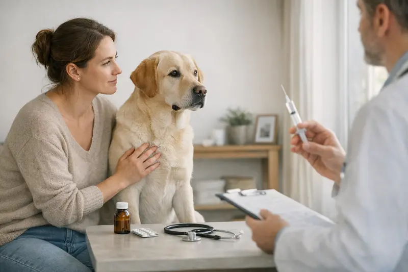 Vorsorgeleistungen bei der Hundversicherung Ein Hundarzt untersucht einen Hund auf Impfungen und Vorsorgeleistungen.