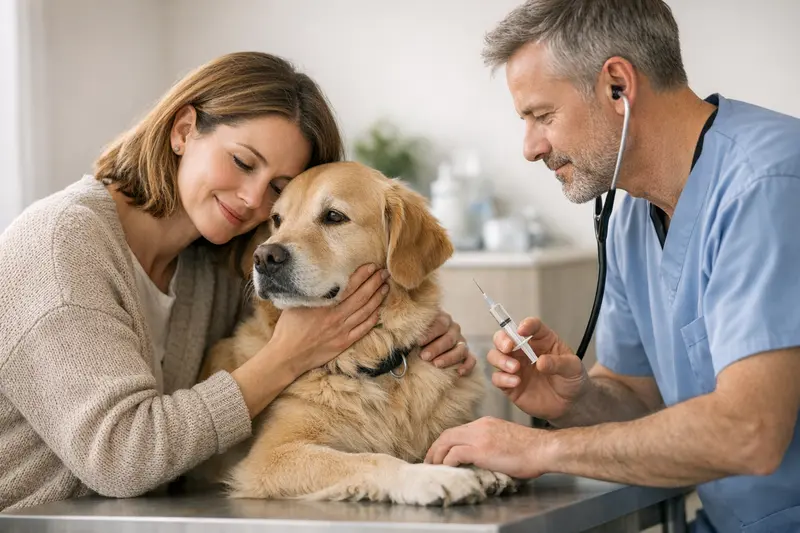 Hundeversicherung und Vorsorgeuntersuchungen Tierarzt untersucht einen Hund auf Impfungen und Gesundheitschecks