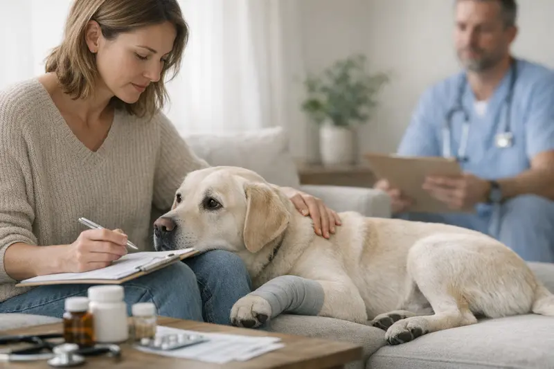 Hund bei Tierarztuntersuchung Hund beim Tierarzt zur Behandlung einer Vorerkrankung.