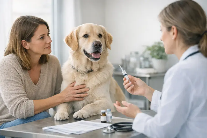 Hund beim Impfen im Tierarztpraxis Ein Hund erhält eine Impfung beim Tierarzt, um seine Gesundheit zu sichern.