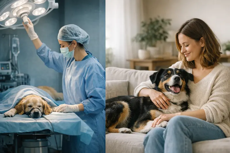 Illustration, die den Unterschied zwischen OP- und Krankenversicherung für Hunde erklärt.