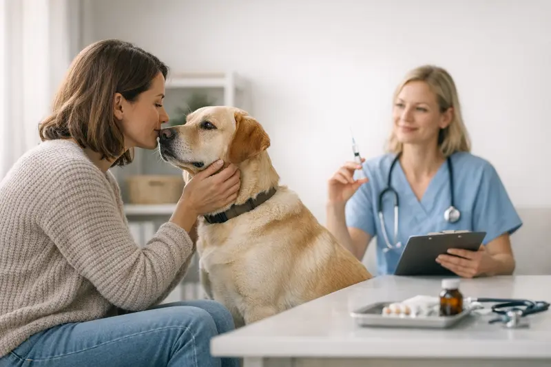Hundebesitzer prüft Gesundheitsunterlagen Ein Hundebesitzer untersucht die Gesundheitsunterlagen seines Hundes, um über Impfungen und Check-ups Bescheid zu wissen.