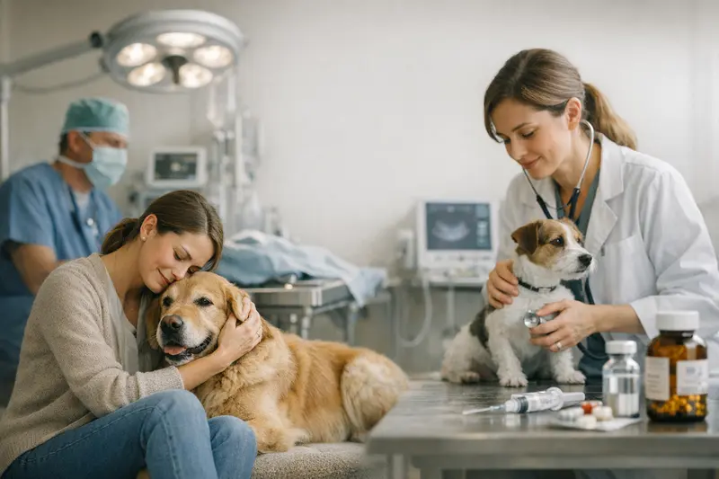 Unterschied zwischen OP-Schutz und Vollschutz in der Hundeversicherung Ein Hund mit einem Arzt, der die Unterschiede zwischen OP-Schutz und Vollschutz in der Hundeversicherung erklärt.