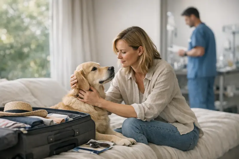 Hundeversicherung vor dem Urlaub Hundehalter prüft Versicherungspapiere vor dem Urlaub mit seinem Hund.