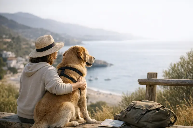 Hundeversicherung Auslandsdeckung Ein Hund beim Tierarzt im Ausland während einer Reise mit seinem Besitzer.