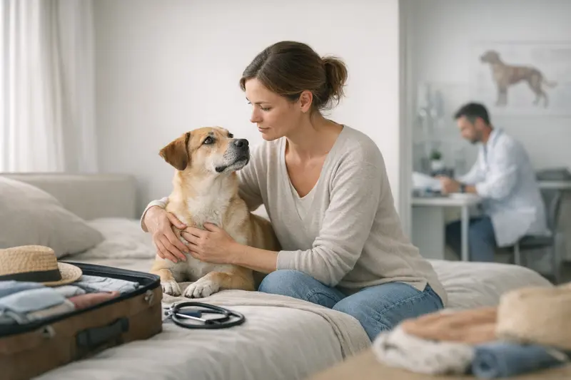 Hund vor Reise und Tierarzt Hund mit Reisetasche vor dem Tierarzt zeigt die Wichtigkeit der rechtzeitigen Absicherung vor Reisen.