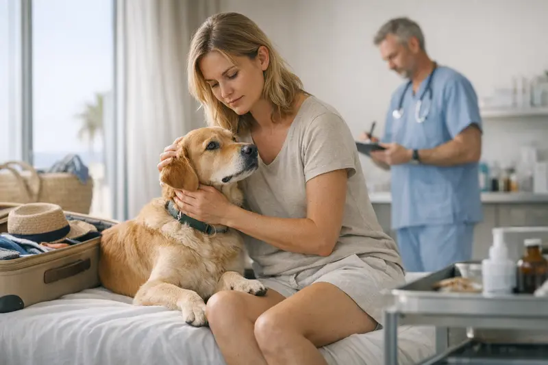 Ein Hund beim Tierarzt, während einer Untersuchung für eine mögliche Urlaubsvorsorge.