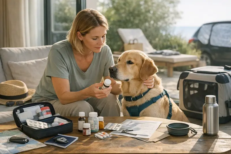 Vorbereitung für die Reise mit einem Hund inklusive Gesundheitsdokumenten und Reiseapotheke.