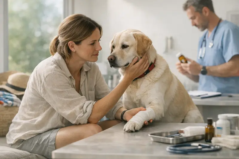 Tierarztkosten im Urlaub für Hunde Ein Hund mit Magenproblemen beim Tierarzt während des Urlaubs.
