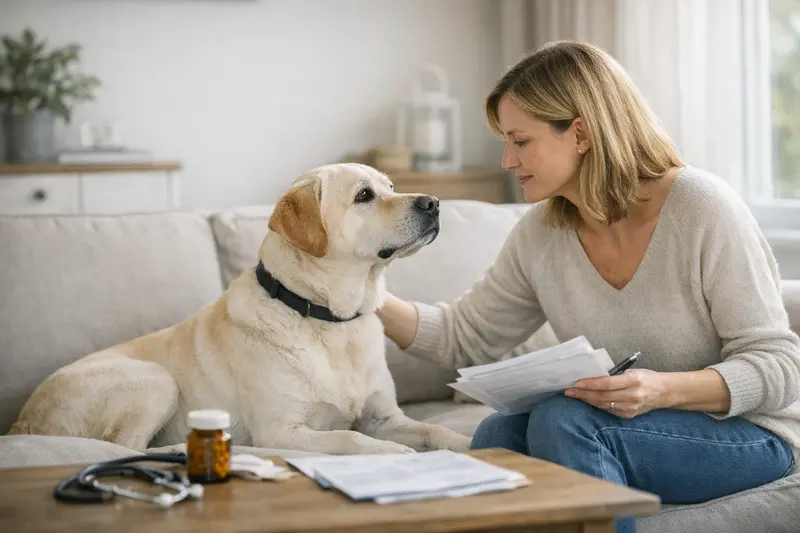 Hundehalter vergleicht verschiedene Tarife für Hundevericherungen am Laptop.