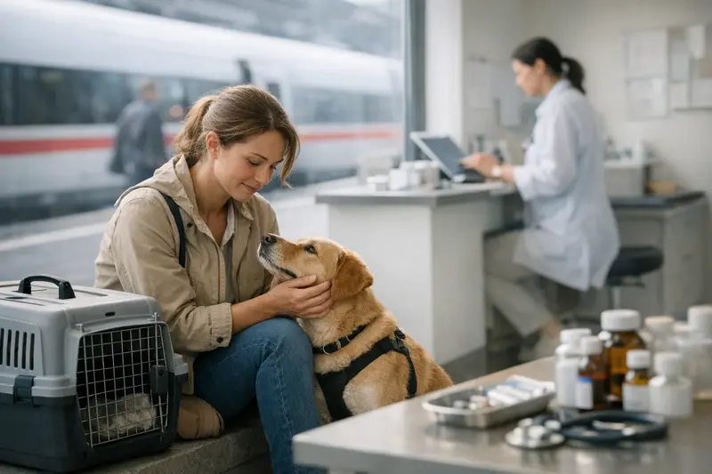 Ein Hund reist sicher in einer Transportbox im Zug.