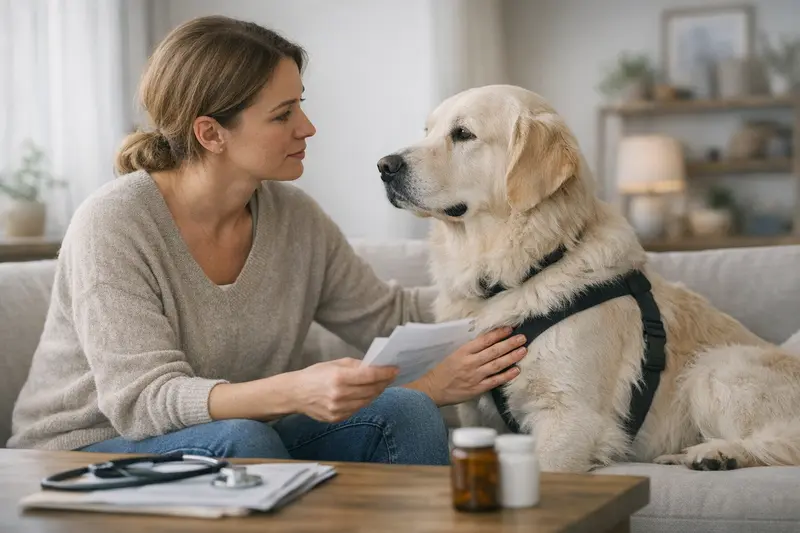 Eine besorgte Hundebesitzerin bespricht mit einem Tierarzt die Versicherungsmöglichkeiten für ihren Hund mit Vorerkrankungen.