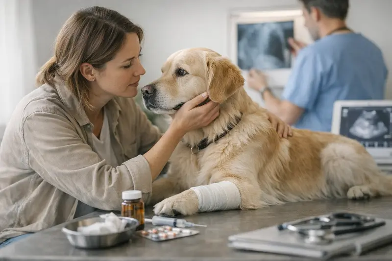Hund im Transportkorb beim Tierarzt - wichtige medizinische Leistungen für unterwegs