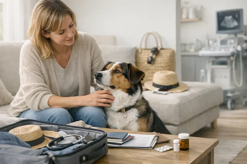 Hundehalter prüft die Versicherungsbedingungen für seinen Hund vor der Reise.