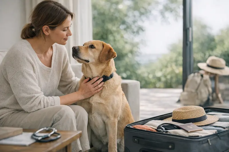 Wartezeiten bei der Hundeversicherung prüfen Hundehalter prüft die Bedingungen seiner Hundeversicherung vor einer Reisen.