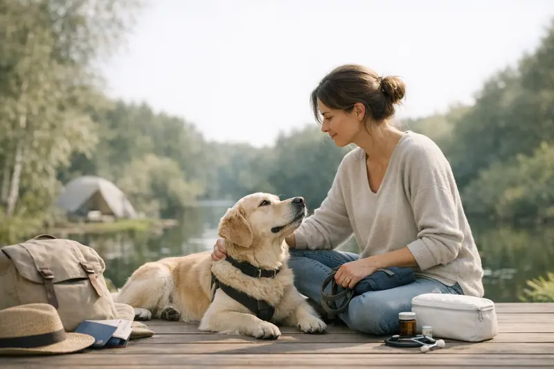 Ein glücklicher Hund beim Tierarzt, umgeben von Vorsorge-Dokumenten.