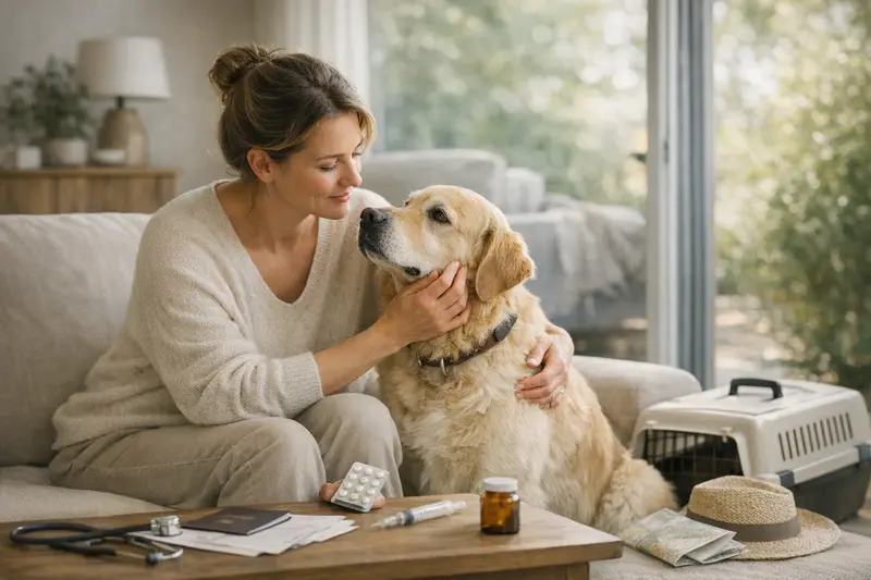 Vorsorge in der Hunde-Krankenversicherung Hundehalter überprüft die Details seiner Hunde-Krankenversicherung für Vorsorgeleistungen.