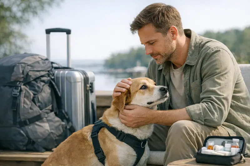 Ein Hund auf einem Reiseteppich, der auf eine medizinische Versicherungspolice schaut.