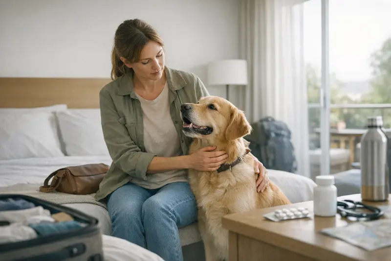 Hundeversicherung für Reisen Hundehalter spricht mit einem Tierarzt über OP- und Krankenversicherungen für Reisen.