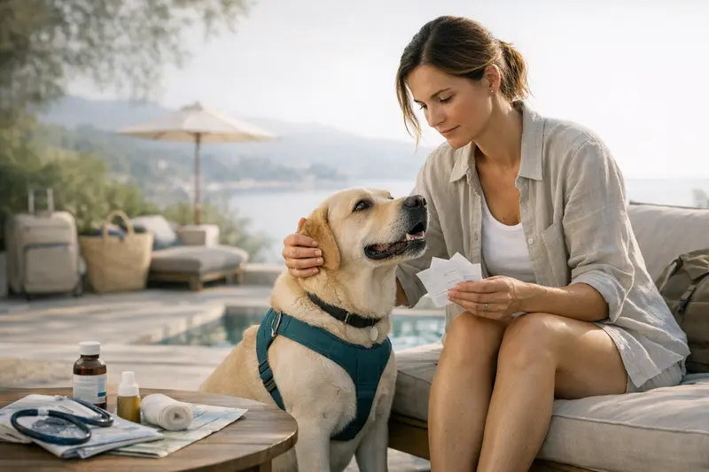 Selbstbeteiligung in der Hundeversicherung im Urlaub Hundehalter mit Hund auf Reisen, die Entscheidung zur Selbstbeteiligung in der Versicherung abwägen.