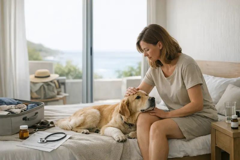 Selbstbeteiligung bei Hundeversicherungen im Urlaub Hunde mit ihren Besitzern beim Tierarzt während des Urlaubs, symbolisiert die Wichtigkeit der Selbstbeteiligung.