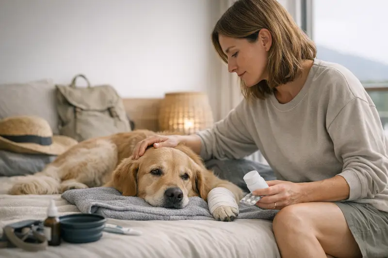 Tierarztkosten auf Reisen für Hunde Hunde mit Magen-Darm-Problemen beim Tierarzt während einer Reise.