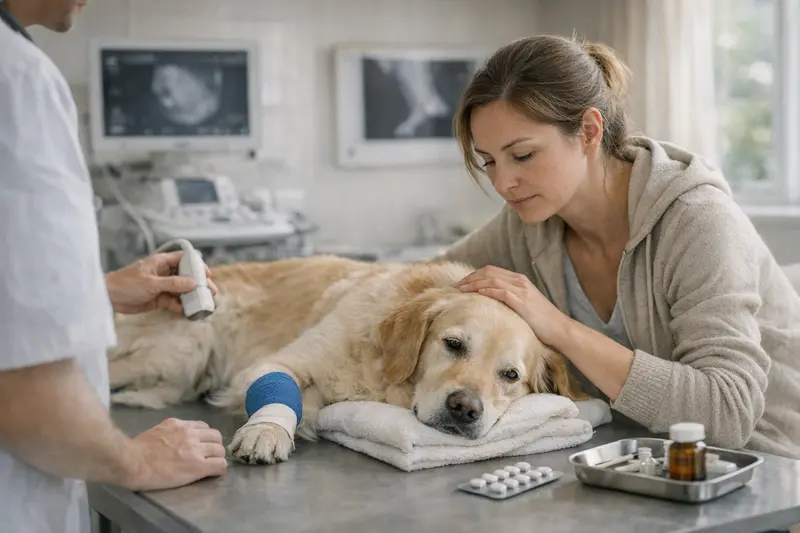 Hund auf Reisen zeigt Symptome von Magen-Darm-Problemen, typischer Tierarztfall.