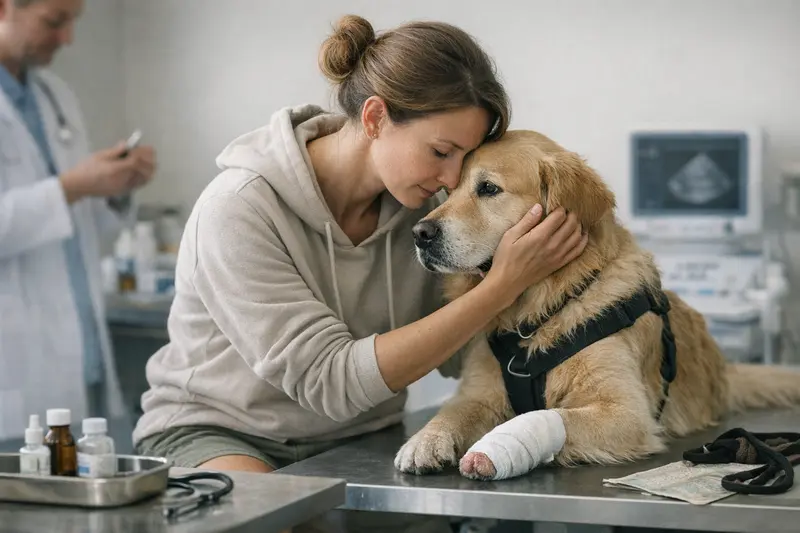 Tierarztbesuch Hund Ein Hund bei einem Tierarztbesuch, umgeben von medizinischen Geräten und einem besorgten Besitzer.