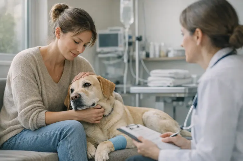 Hunde-OP-Versicherung und Diagnostik Ein Hund erhält eine professionelle tierärztliche Untersuchung vor einer Operation.