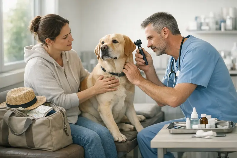 Hund auf Reisen mit Blick auf Tierarztkosten Ein Hundewelpe genießt die Zeit mit seinem Besitzer während einer Reise, während die Gedanken an Tierarztkosten und Versicherungsfragen im Raum stehen.