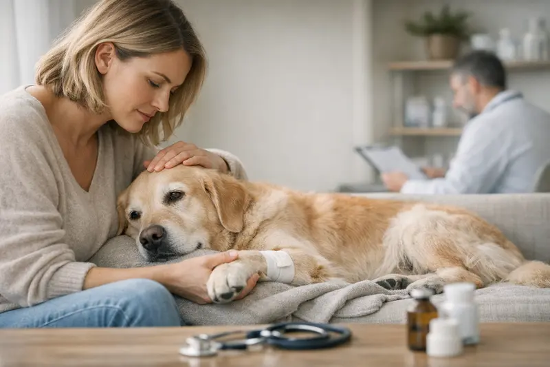 Tierarztuntersuchung Hund Vorerkrankungen Ein Hund wird von einem Tierarzt untersucht, um Vorerkrankungen zu beurteilen.