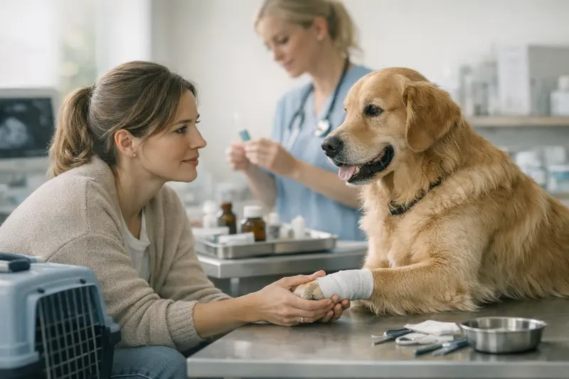 Hund beim Tierarzt während einer Behandlung auf Reisen.