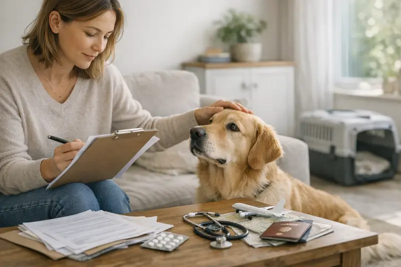 Ein Hundebesitzer vergleicht verschiedene Versicherungstarife für seinen Hund am Laptop.