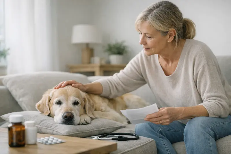 Tierarztbesuch eines Senior-Hundes zur Diagnose Ein älterer Hund beim Tierarzt, der eine Prüfung für mögliche Erkrankungen durchführt, um Limits und Sublimits der Versicherung zu verstehen.