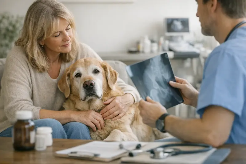 Senior-Hunde und ihre Versicherungsbedürfnisse Ein älterer Hund beim Tierarzt mit einem Fachmann, der eine Untersuchung durchführt, um die Bedeutung von OP-Schutz und Krankenversicherung zu verdeutlichen.