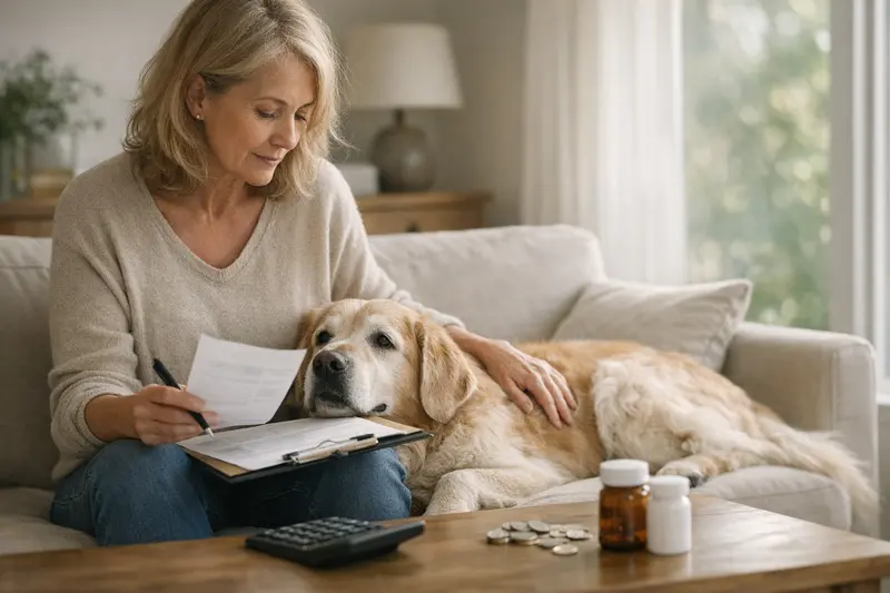 Hundehalter überlegt, wie sich der Eigenanteil einer Hundeversicherung realistisch abschätzen lässt.