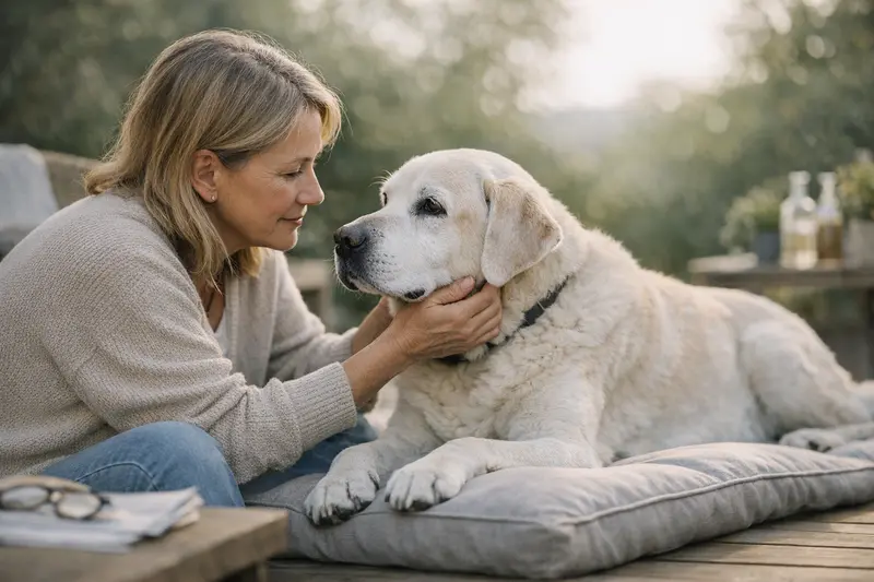 Älterer Hund und Versicherungsoptionen Ein älterer Hund wird von seinem Besitzer freundlich gestreichelt, während sie über Versicherungsmöglichkeiten diskutieren.