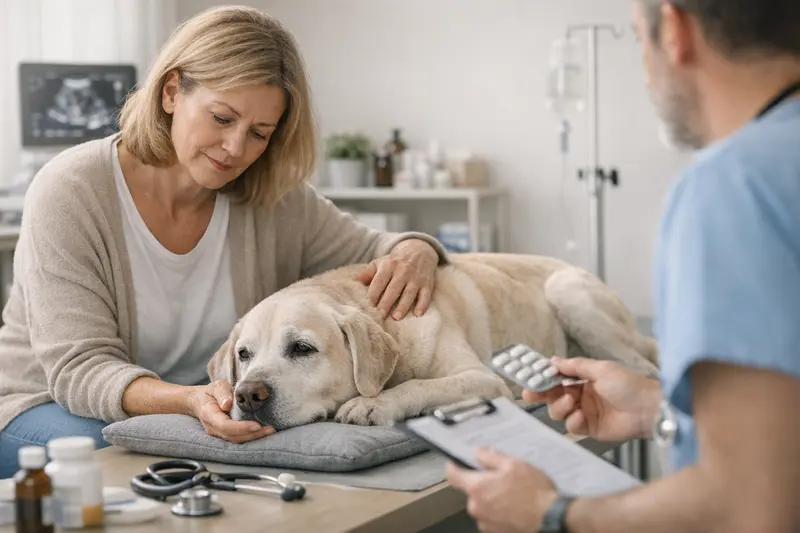 Ein älterer Hund, der in einer Tierarztpraxis untersucht wird, um die Notwendigkeit von OP-Schutz zu evaluieren.