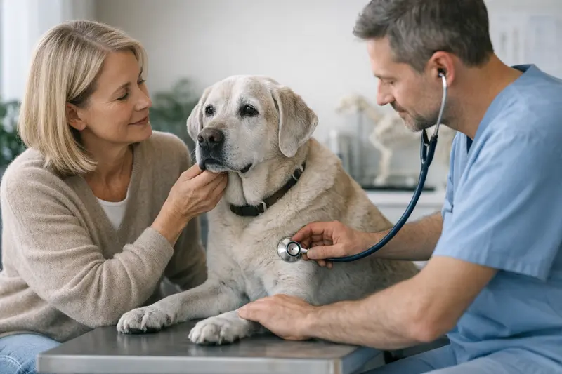 Wichtigkeit der Vorsorgeleistungen für Seniorhunde Seniorhund bei einer tierärztlichen Untersuchung zur Vorsorge