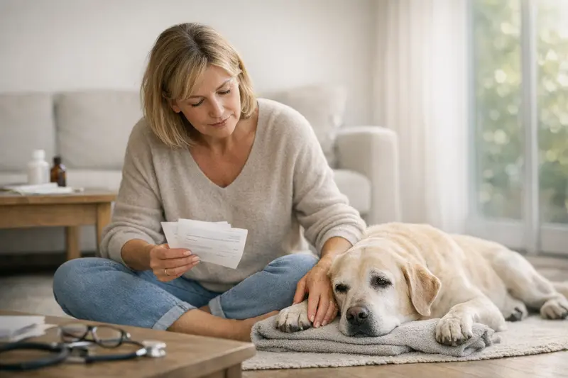 Selbstbeteiligung bei der Hundeversicherung Ein älterer Hund beim Tierarzt, der eine Behandlung erhält, während der Besitzer über Selbstbeteiligung in der Hundversicherung nachdenkt.