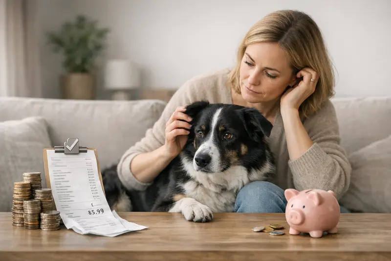 Hundeversicherung und Kostenfaktoren Hundehalter in der Tierarztpraxis, besorgt über Kosten und Versicherungsschutz.