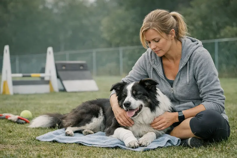 Wartezeiten bei Hundeversicherungen Illustration eines Hundes mit Verband, der auf einem Tierarztstuhl sitzt.