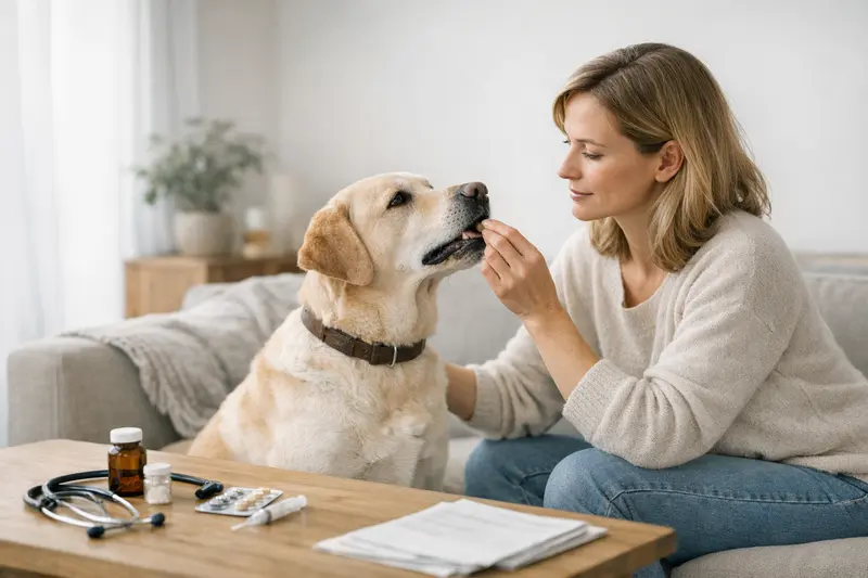 Vorsorgeleistungen in der Hundeversicherung Eine glückliche Familie mit ihrem Hund beim Tierarzt, symbolisiert die Wichtigkeit von Vorsorgeleistungen in der Hundeversicherung.