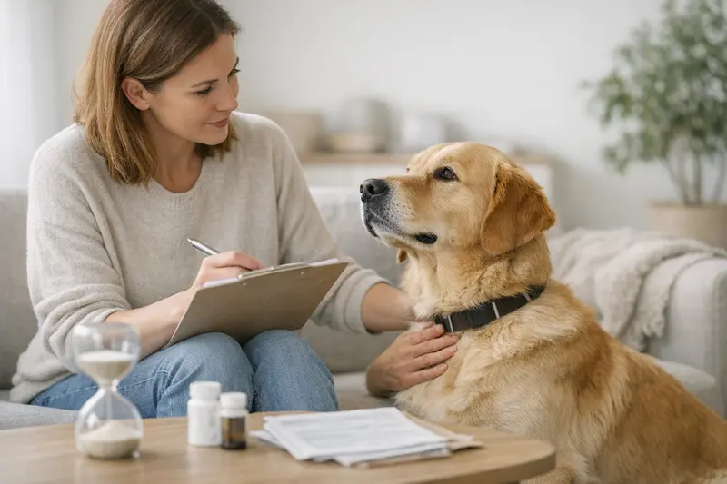 Ein Hundebesitzer füllt Gesundheitsangaben für die Hundeversicherung aus.