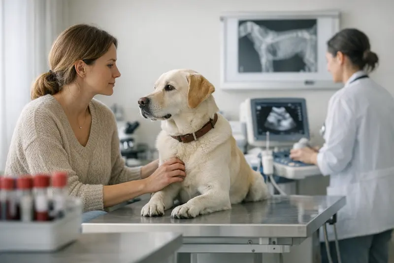 Diagnostik bei Hundeversicherungen Tierarzt untersucht einen Hund mit Diagnosetests wie Blutuntersuchungen und Bildgebung.