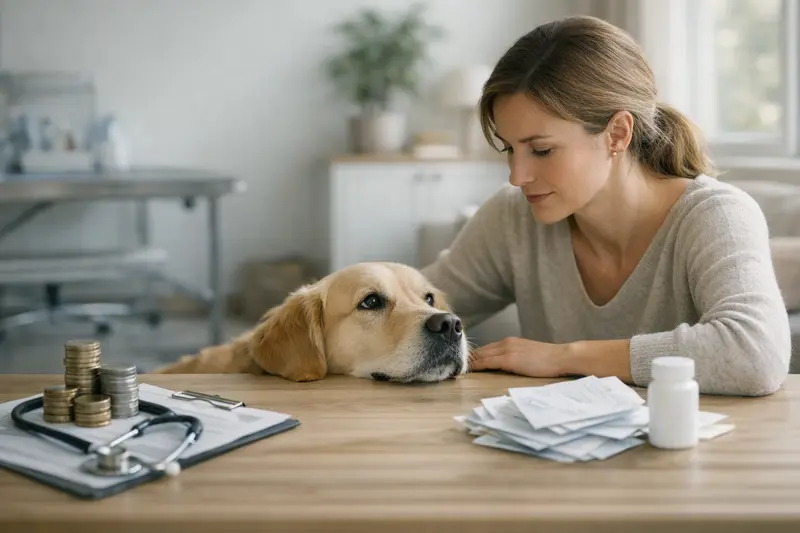Eine Tierärztin berät einen Hundebesitzer über die Kosten für Tierarztbehandlungen und Versicherungsoptionen.