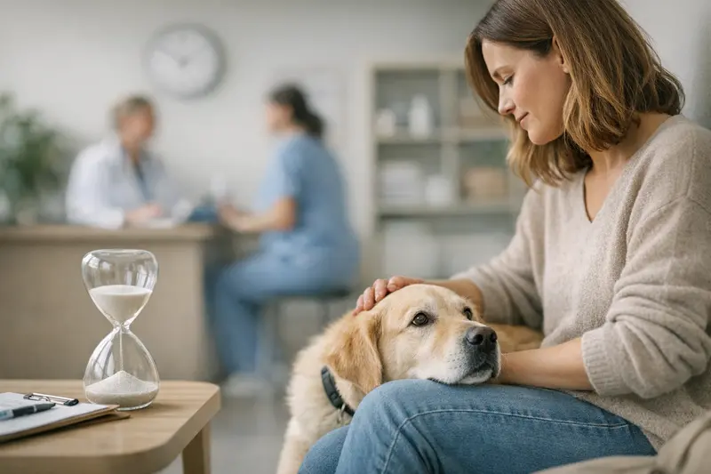 Tierarztbesuch bei Hunden Hunde mit einem Tierarzt in einer Praxis kurz bevor eine Versicherung in Anspruch genommen wird.