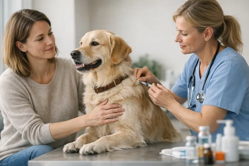 Hund beim Tierarzt für Impfungen Ein gesunder Hund beim Tierarzt, bereit für Impfungen.