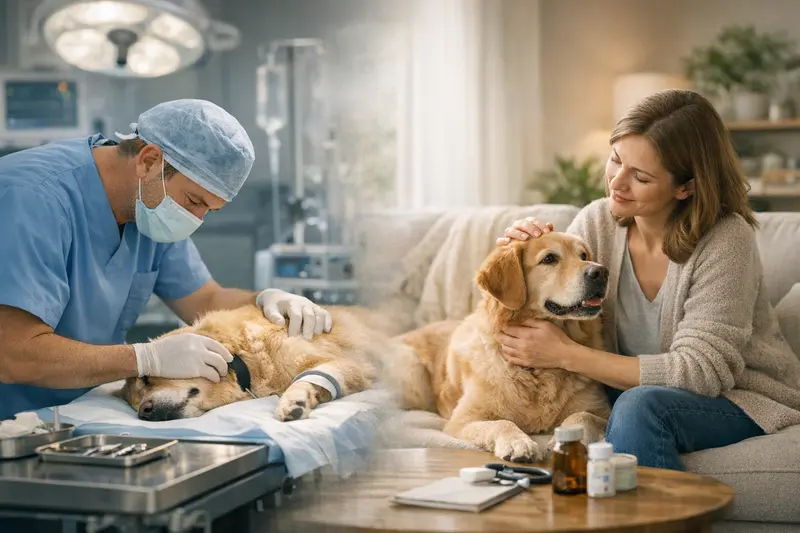 Ein Hund wird von einem Tierarzt untersucht, um seine Gesundheitsversorgung zu besprechen.